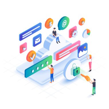 Bulut Güvenliğinin modern izometrik tasarım çizimi ve ilgili elementlerin bileşimi şeklinde bir dizi ilgili ikon. Düzenlemek ve kişiselleştirmek kolay. Vektör illüstrasyonu