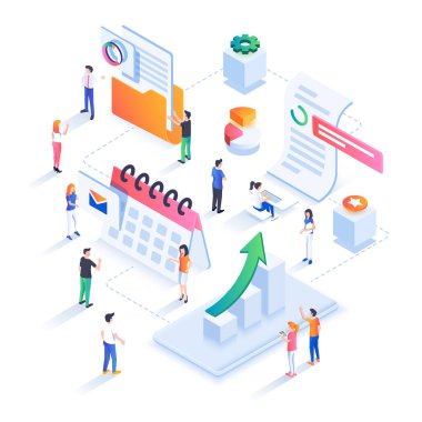 Ofiste çalışan iş insanlarının modern izometrik tasarım çizimi ve ilgili elementlerin kompozisyonu şeklinde bir takım iş simgeleri. Düzenlemek ve kişiselleştirmek kolay. Vektör illüstrasyonu