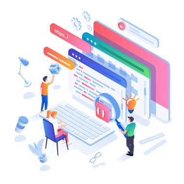 Tasarım ve Geliştirme 'nin modern izometrik tasarım çizimi ve takım olarak çalışan gençler. İlgili elementlerin bileşimi şeklinde bir dizi ilgili simge. Düzenlemek ve kişiselleştirmek kolay. Vektör illüstrasyonu