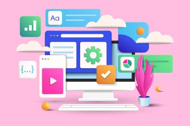 Mobil uygulama, yazılımlar ve 3 boyutlu web geliştirme, bar çizelgesi, pembe arka planda bilgi. 3d Vektör İllüstrasyonu