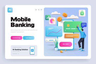 Akıllı telefon ile çevrimiçi ödeme işlemini sağlama alın. Cep telefonundaki kredi kartıyla internet bankacılığı. Koruma alışverişi kablosuz ödemesi akıllı telefondan yapılıyor. İniş sayfası şablonu. 3B Vektör illüstrasyonu