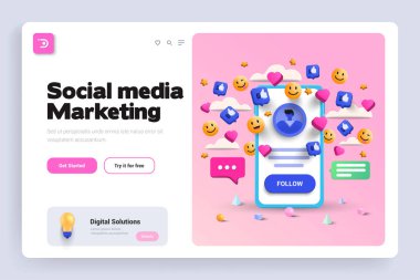 Sosyal medya pazarlama, çevrimiçi sosyal iletişim uygulamaları konsepti, emoji, kalp, sohbet ve grafikler akıllı telefon arka planı ile. Landing Page tasarım şablonu. 3d Vektör illüstrasyonu