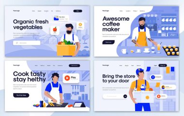 Organik sebzeler, Barista, online tarif ve market için İniş sayfası tasarım şablonları. Düzenlemek ve kişiselleştirmek kolay. Web siteleri için modern Vektör illüstrasyon kavramları
