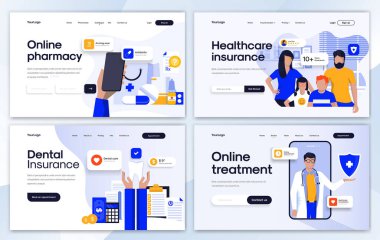 Online eczane, Heltahcare ve diş sigortası için İniş sayfası tasarım şablonları, Online tedavi. Düzenlemek ve kişiselleştirmek kolay. Web siteleri için modern Vektör illüstrasyon kavramları