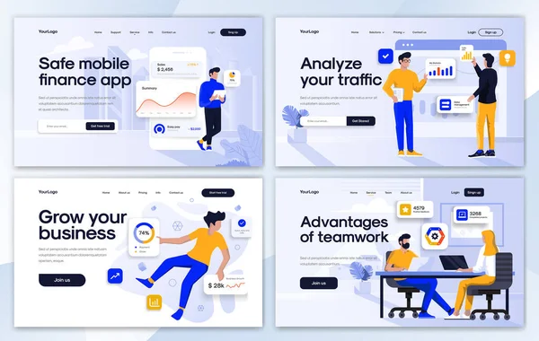 Conjunto Plantillas Diseño Landing Pages Para Aplicaciones Finanzas Analiza Tráfico — Archivo Imágenes Vectoriales