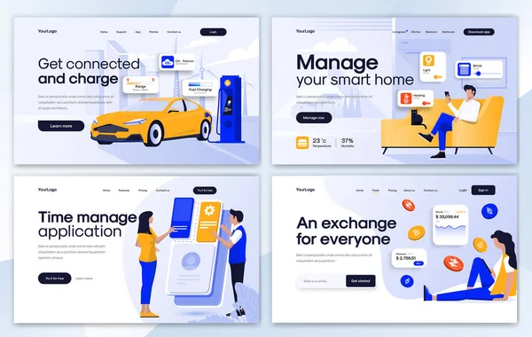 Set Landing Page Design Templates Electric Car Charger Smart Home — Stock Vector