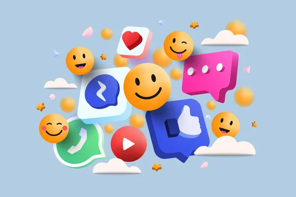 Plateforme Médias Sociaux Concept Applications Communication Sociale Ligne Emoji Coeurs — Image vectorielle