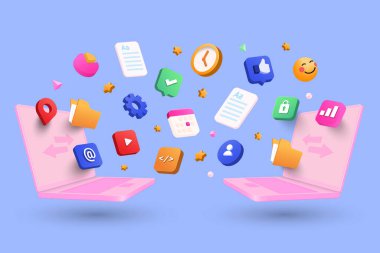 Dosya paylaşım konsepti, Veri Paylaşım Servisi, 3d şekilli Dijital Belge Aktarım Konsepti, dizin, dişli, simge, mavi arkaplanda bilgi aktarımı. 3d Vektör İllüstrasyonu