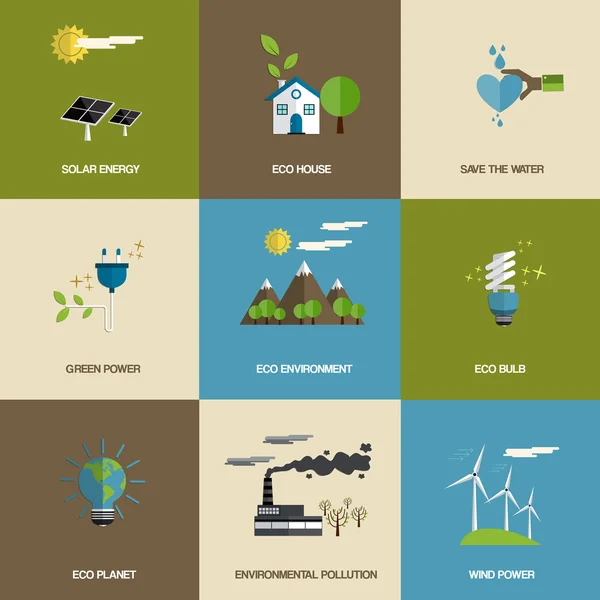 Set van platte ontworpen ecologie pictogrammen — Stockvector