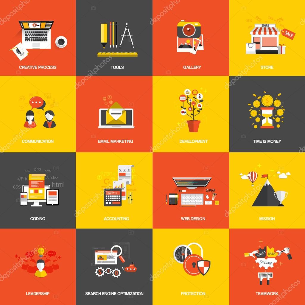 Set of flat design concept icons website development, creative process, store, seo, gallery, tools , time is money, teamwork and accounting