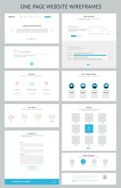 Plano sensible sitio web de una página kit de wireframe — Vector de stock