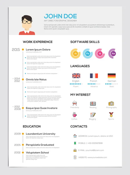 Currículum plano con infografías — Vector de stock