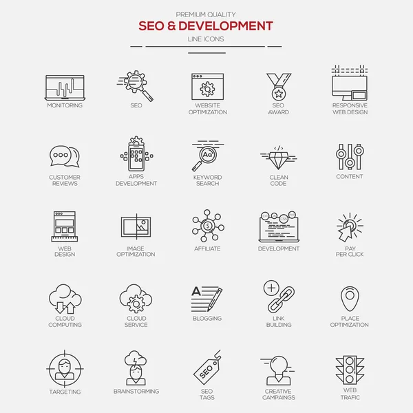 Iconos de SEO y Línea de Desarrollo — Vector de stock