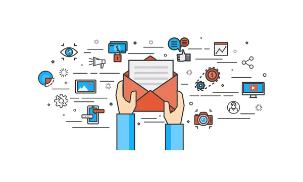 Design plano de linha fina de e-mail marketing — Vetor de Stock