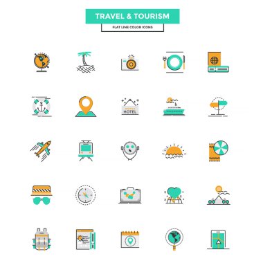 Düz çizgi renk simgeleri - seyahat ve Turizm