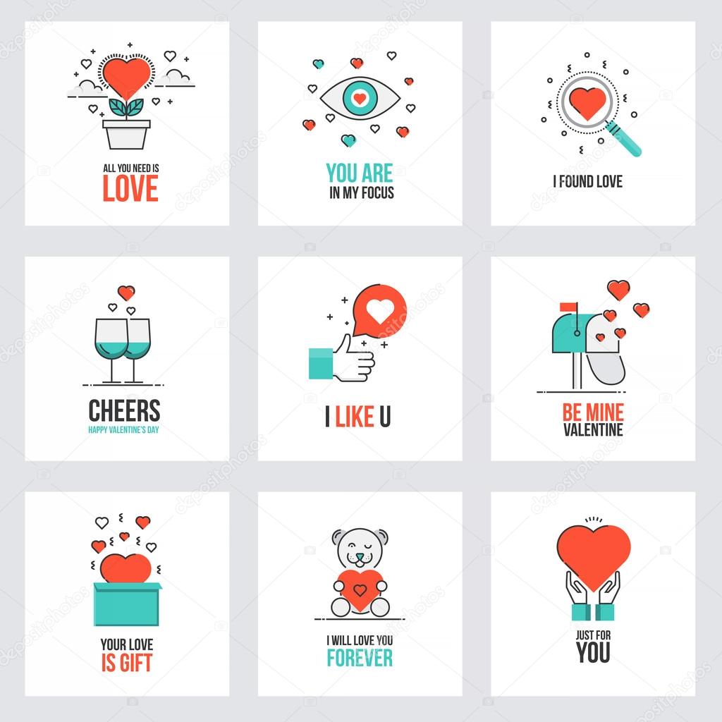 Set of flat line design Valentine's day cards