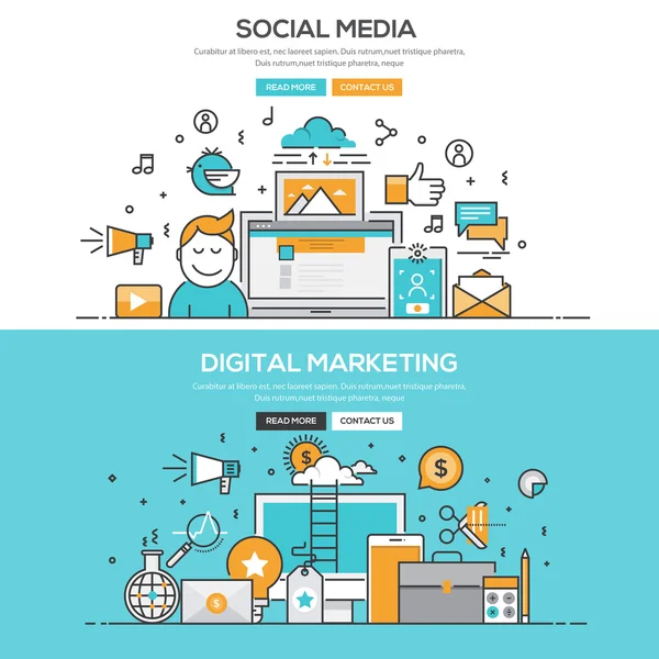 Conceito de linha de design plano - Social Meia & Marketing Digital — Vetor de Stock