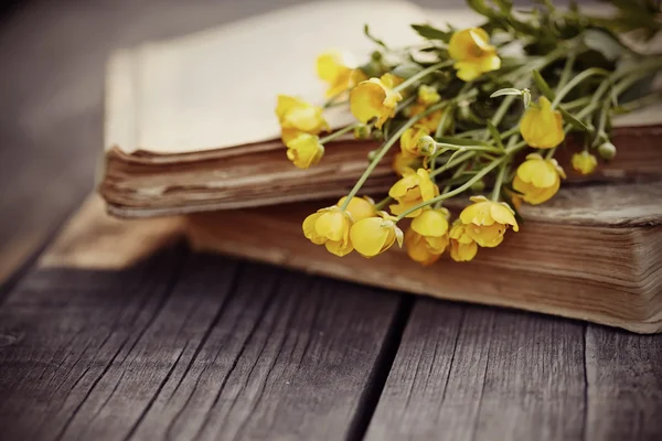 Antiguo abre libro y bouquet de ranúnculos amarillos. —  Fotos de Stock