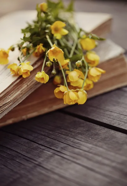 Alte Bücher und Butterblumen auf einem Holztisch. — Stockfoto