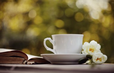 Eski kitap ve beyaz bir bardak yaban gülü ile açın