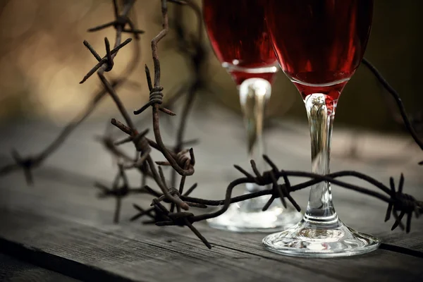 Vin dans des verres et un fil barbelé . — Photo