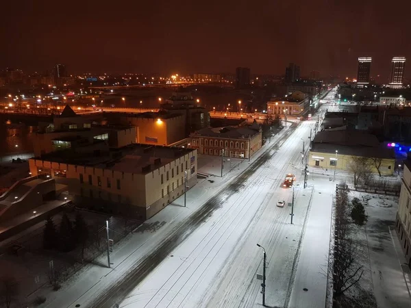 Las Calles Cubiertas Nieve Noche Ciudad Chelyabinsk — Foto de Stock