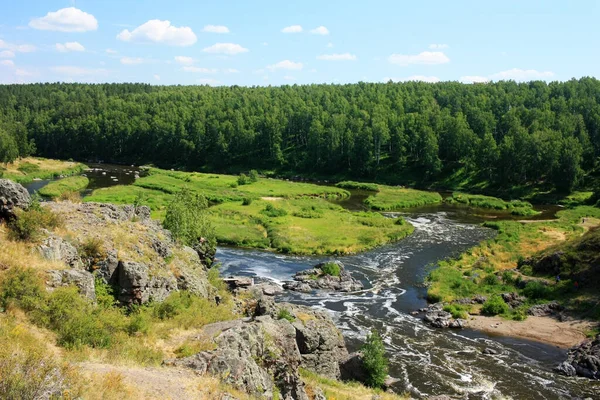 Une Rivière Montagne Rapide Coule Entre Les Rives Vertes — Photo