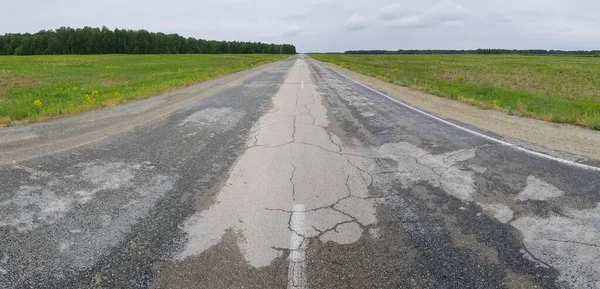 緑のフィールドに空のアスファルト道路 — ストック写真