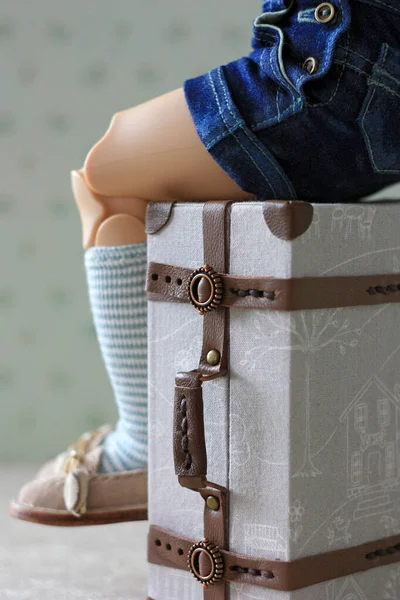 Doll Sitting Miniature Puppet Suitcase — Stock Photo, Image