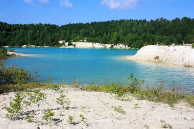 Ağaçların arasındaki gölde turkuaz su.