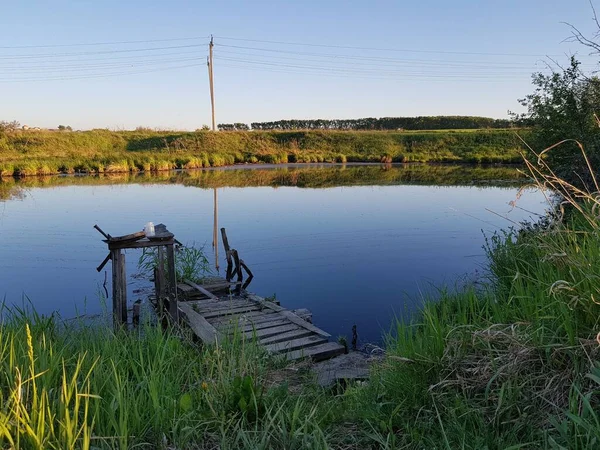 Vieille Jetée Bois Délabrée Étang — Photo