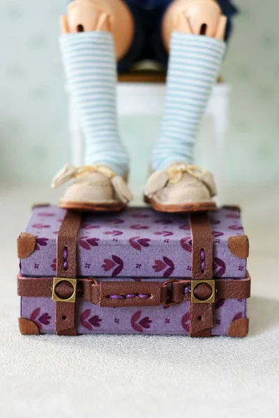 Doll Put Her Feet Miniature Suitcase — Stock Photo, Image