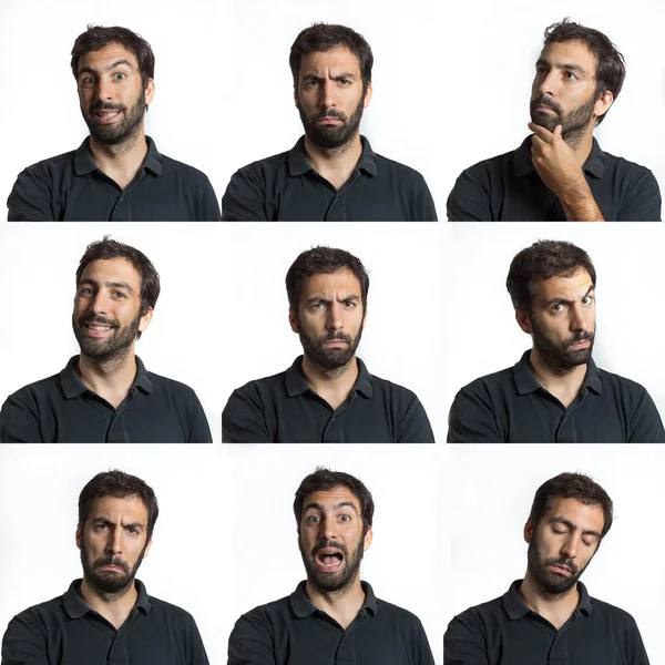 Jeune homme visage expressions avec barbe et moustaches composite isolé Images De Stock Libres De Droits