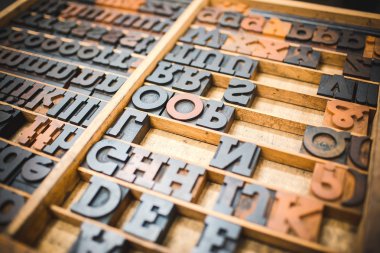 Old wooden printing type, font characters clipart