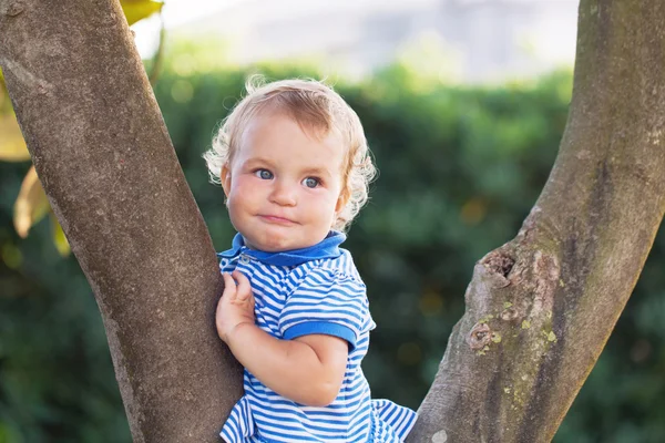 Pequeña hermosa chica bastante feliz sentada en el árbol —  Fotos de Stock