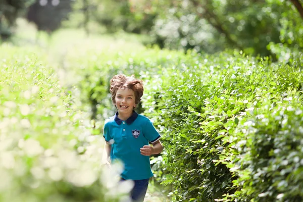 Fröhliches fröhliches Kind läuft im Park, im Freien — Stockfoto