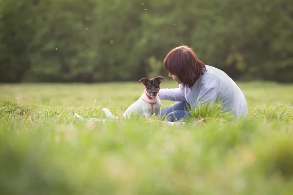 Portret szczęśliwy twoman i pies Jack Russell — Zdjęcie stockowe