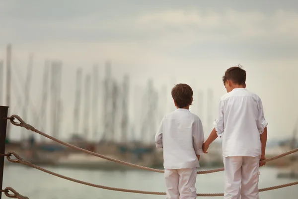 Dos hermanos similares de pie en el paseo marítimo , — Foto de Stock