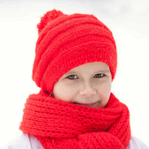 Happy girl in costumes snowman walking in winter forest, — Stock Photo, Image