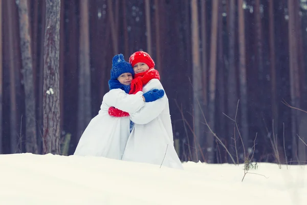 Feliz irmão e irmã em trajes boneco de neve andando na floresta de inverno , — Fotografia de Stock