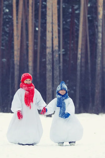 Feliz irmão e irmã em trajes boneco de neve andando na floresta de inverno , — Fotografia de Stock