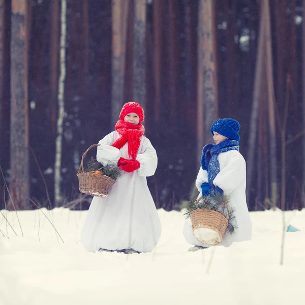 Happy brother and sister in costumes snowman walking in winter forest, — Stock Photo, Image