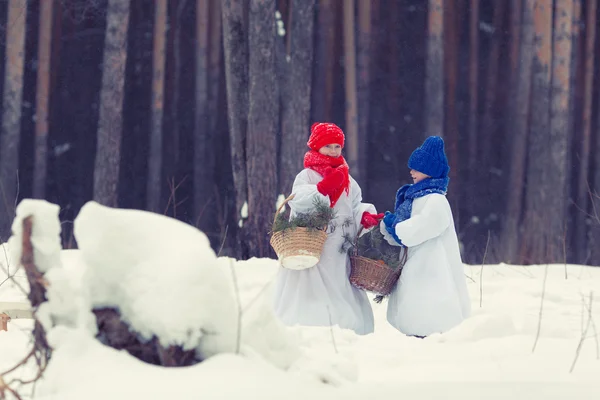 Šťastný bratr a sestra v kostýmech sněhulák v zimním lese, — Stock fotografie