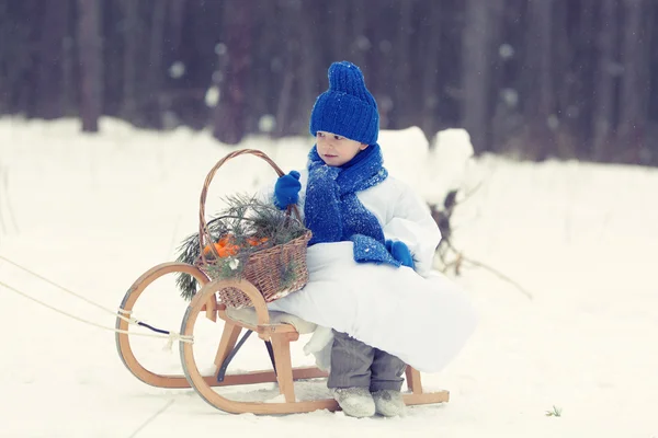 Niño feliz en trajes muñeco de nieve caminando en el bosque de invierno , — Foto de Stock