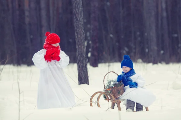 Gelukkig broer en zus in kostuums sneeuwpop wandelen in winter woud, — Stockfoto