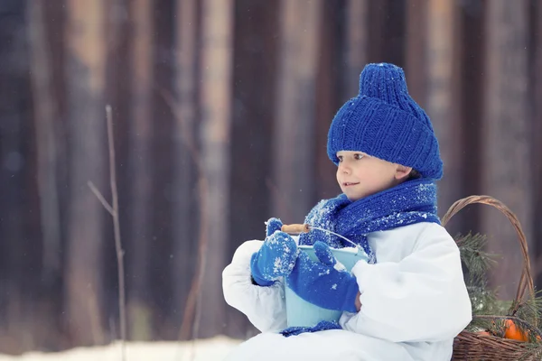 Niño feliz en trajes muñeco de nieve caminando en el bosque de invierno , — Foto de Stock