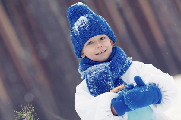 冬の森を歩く衣装雪だるまに幸せな少年, — ストック写真