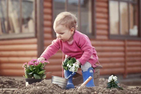 Niedliche Baby-Mädchen in rosa Kleid legt Blumen — Stockfoto