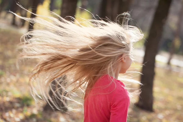 Πορτρέτο του όμορφος χαρούμενο κορίτσι με μακριά μαλλιά σε πάρκο φθινόπωρο, — Φωτογραφία Αρχείου