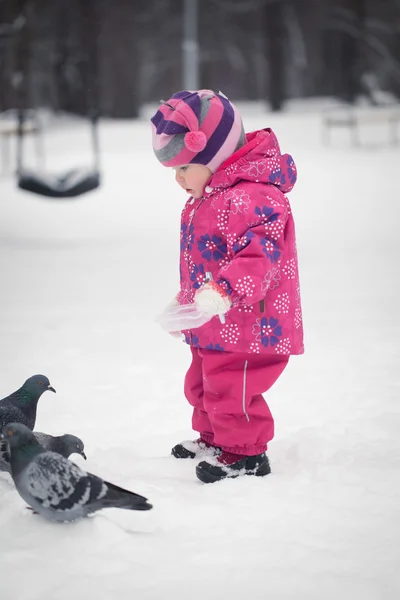Pequena menina bonita alimenta pássaros no parque de neve de inverno — Fotografia de Stock